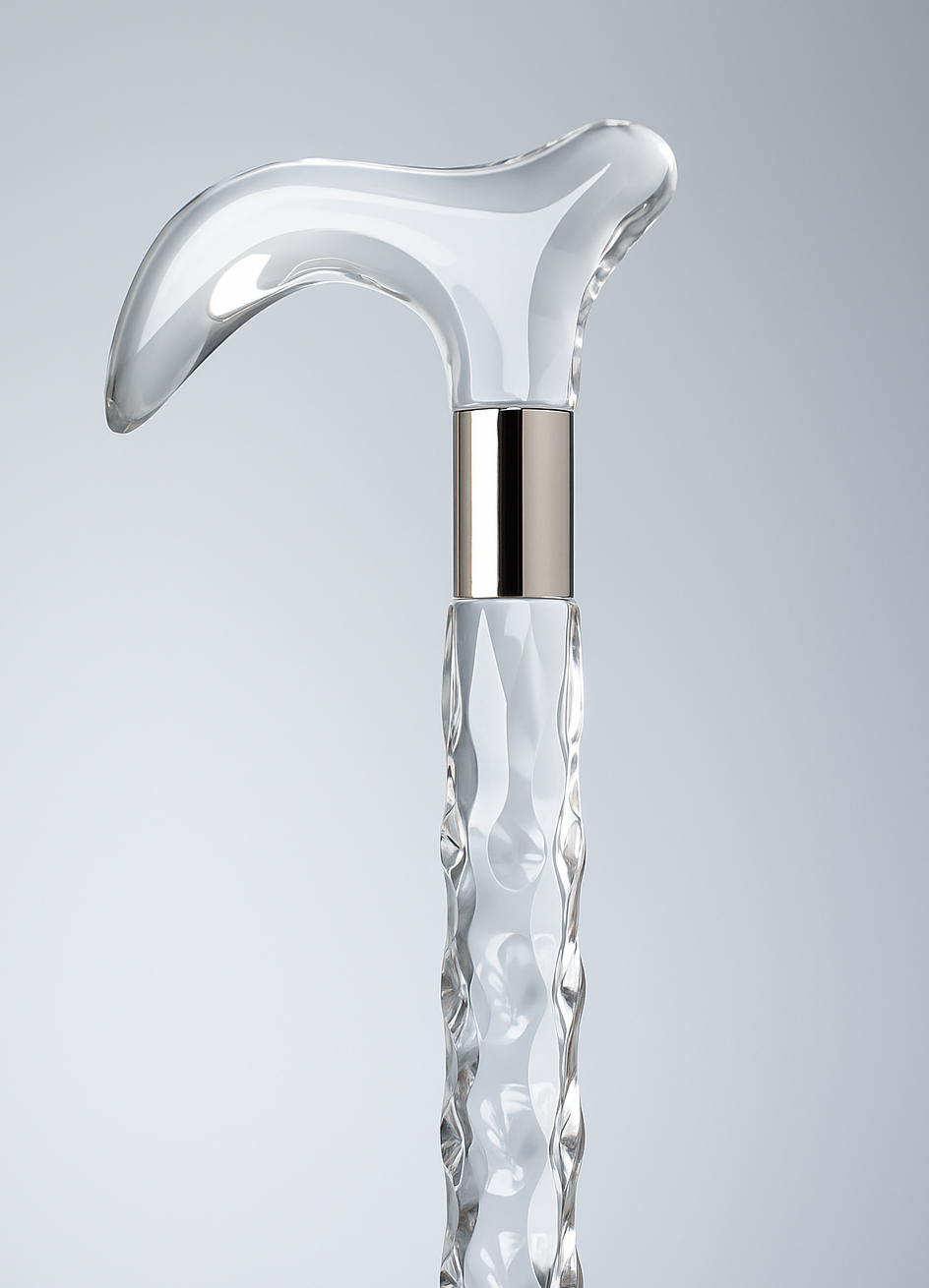 Decorative walking cane with silver top on a light gray background