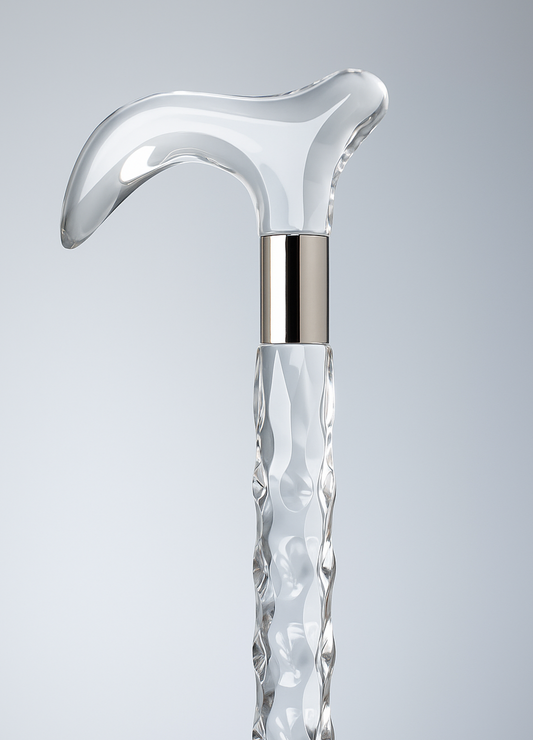 Decorative walking cane with silver top on a light gray background